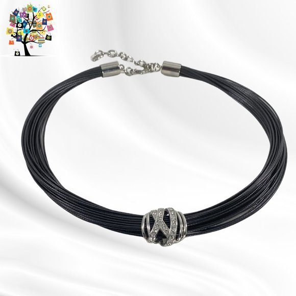 Black Cord/Stainless Steel/Crystals Necklace - Picture 2 of 4